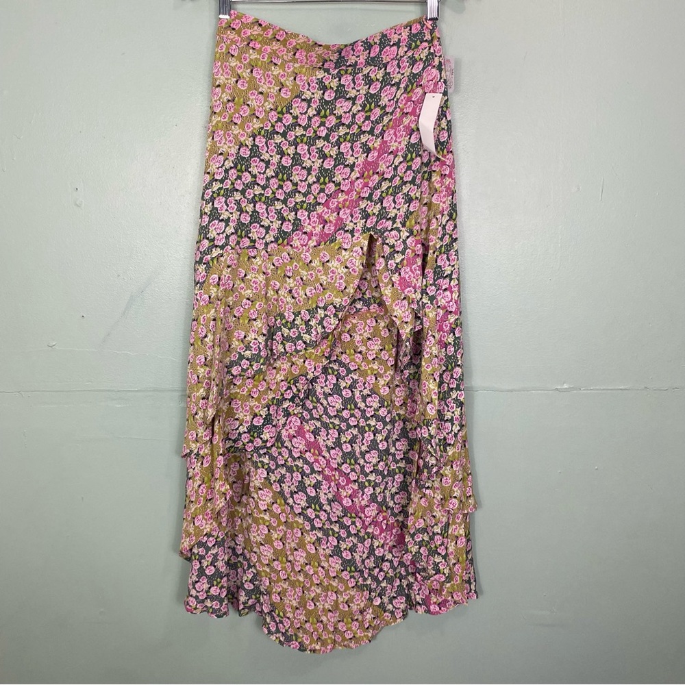 Free People Flynn Skye Midi Skirt Slit In Flower Field Floral Ruffle Medium